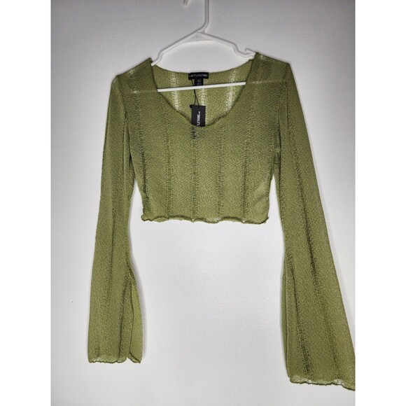 Pretty Little Thing  US 8 Long Sleeve Cropped Green Top See Thru - Picture 1 of 4